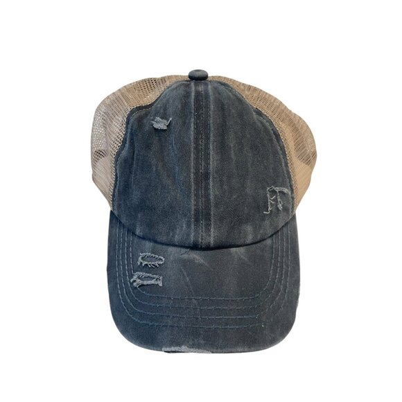 C.C Women's Distressed Mesh Ponytail Baseball Hat Adjustable Beige - Picture 1 of 3